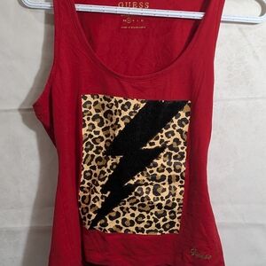 Guess Red Tank Top with Leopard and Lightning Design
